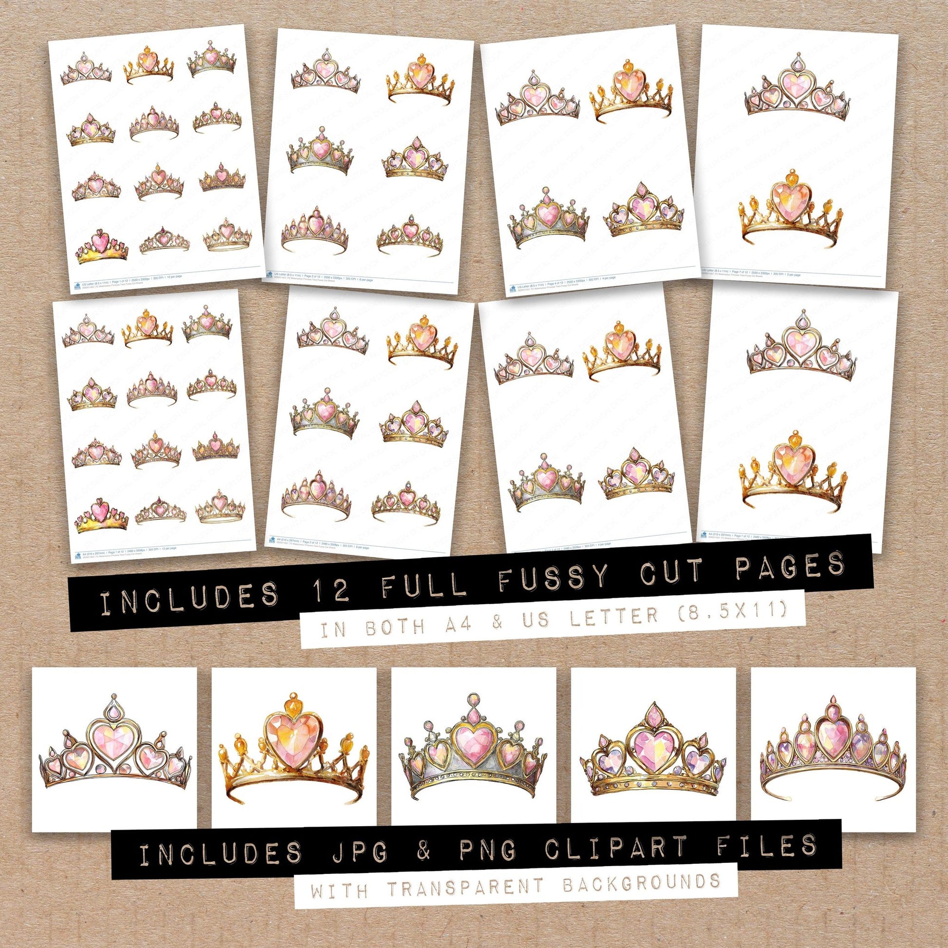 Full collection view of Watercolour Princess Tiara fussy cut sheets with bonus clipart JPG and PNG files