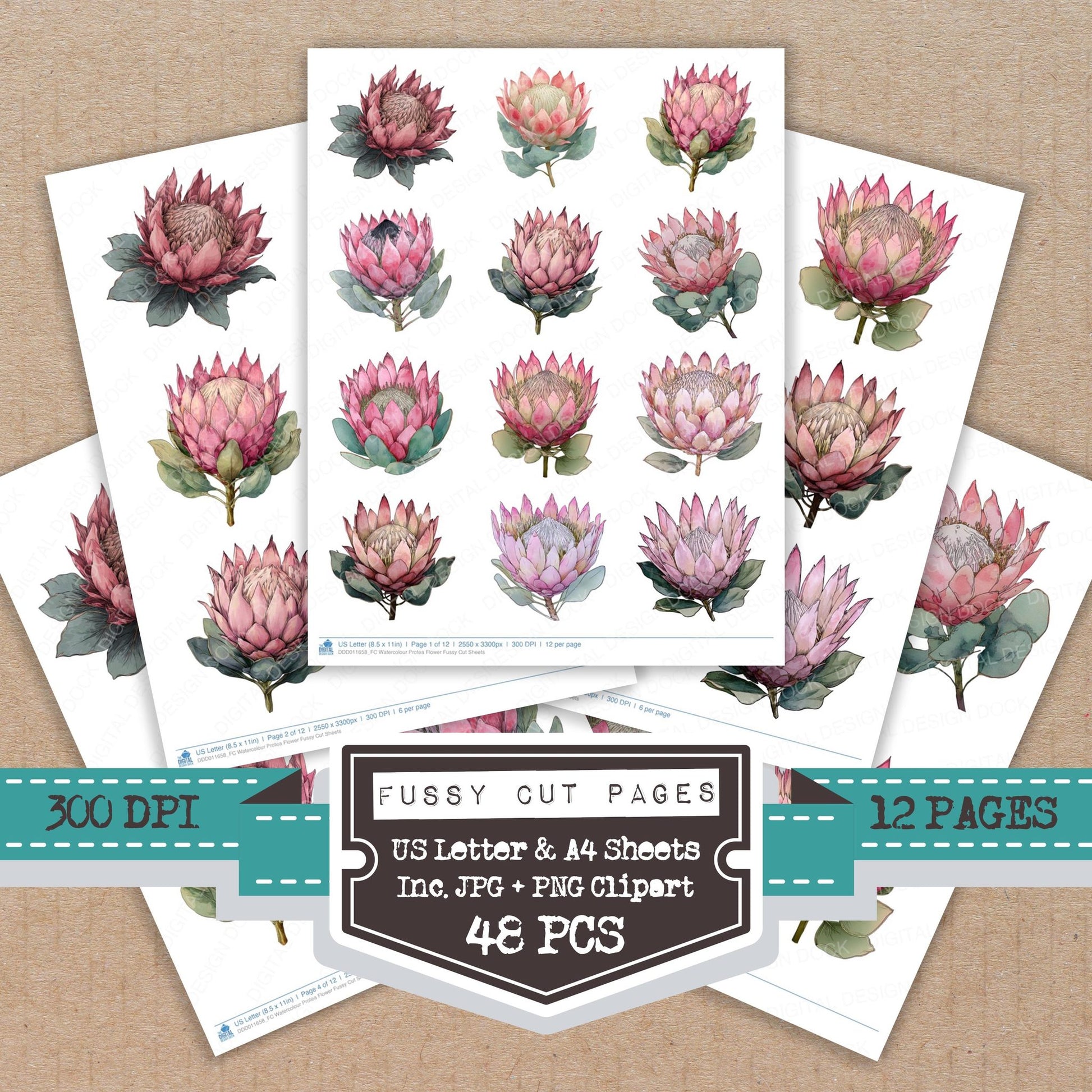 Watercolour Protea Flower fussy cut printable sheets for junk journaling, scrapbooking, and paper craft projects