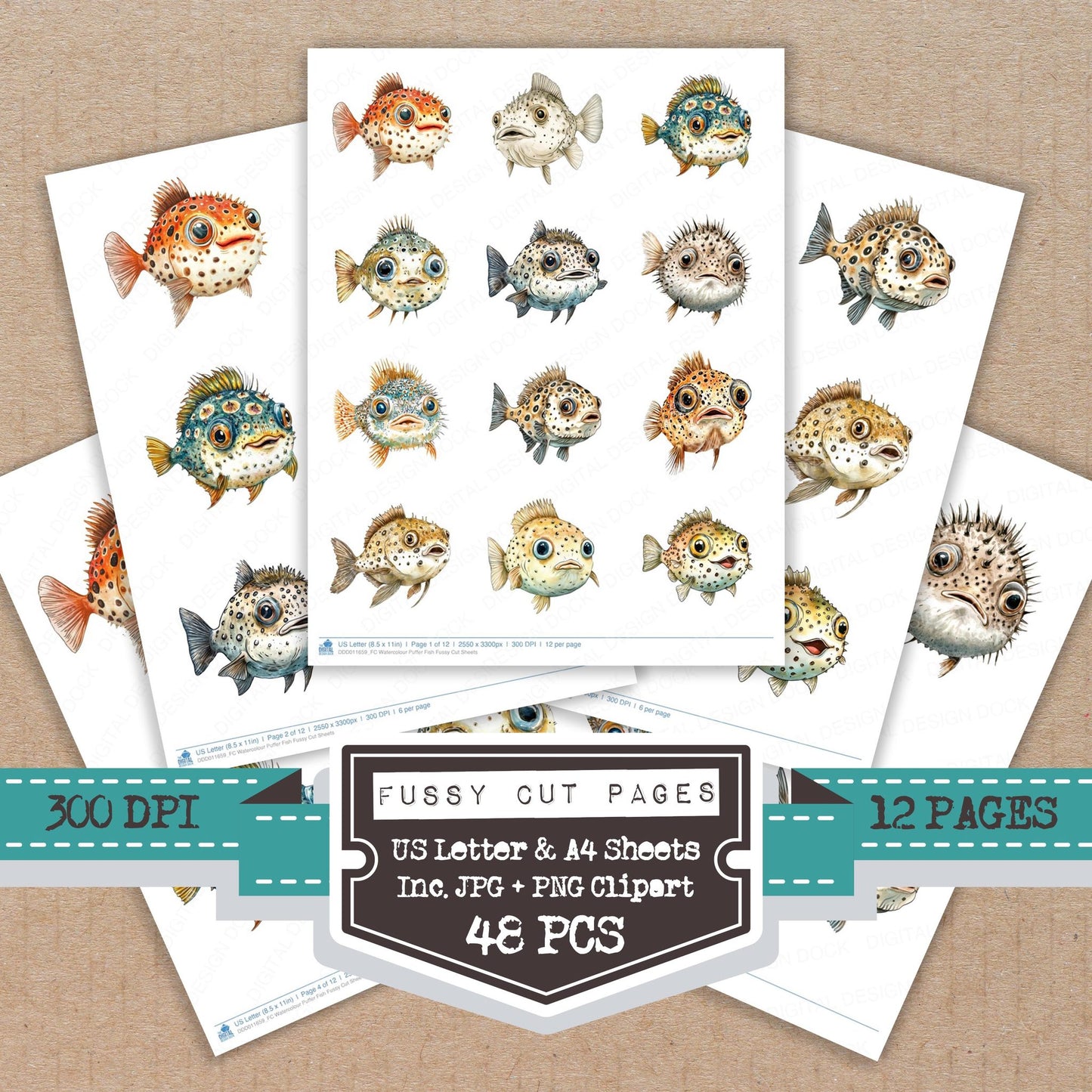 Watercolour Puffer Fish fussy cut printable sheets for junk journaling, scrapbooking, and paper craft projects