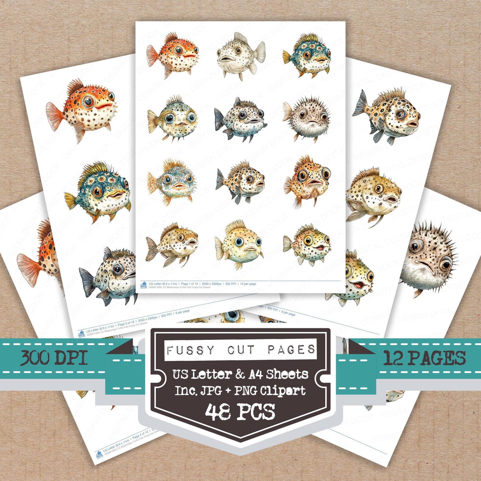 Watercolour Puffer Fish fussy cut printable sheets for junk journaling, scrapbooking, and paper craft projects