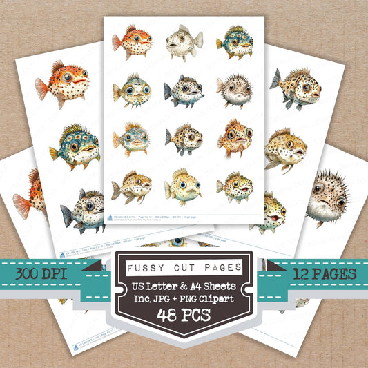 Watercolour Puffer Fish fussy cut printable sheets for junk journaling, scrapbooking, and paper craft projects