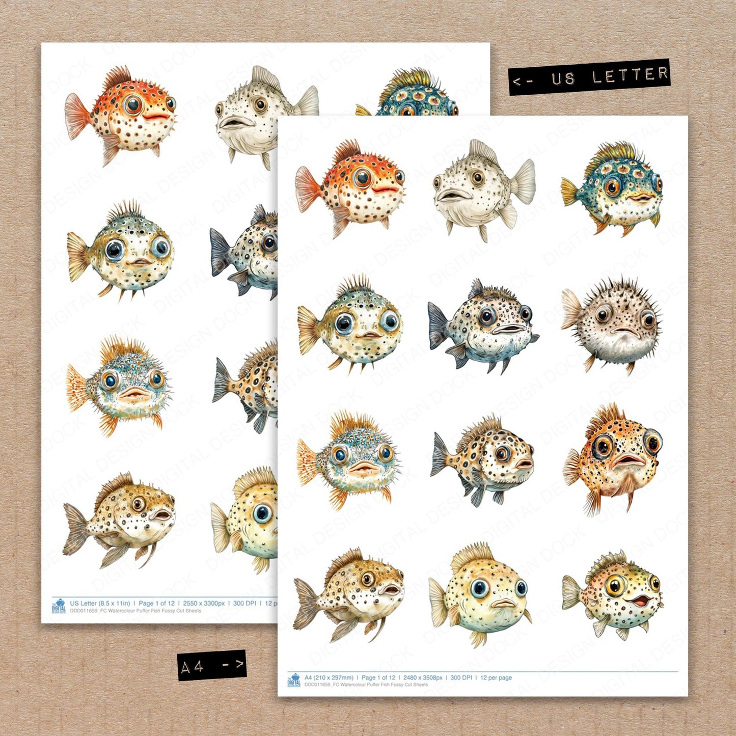 A4 and US Letter format comparison showing Watercolour Puffer Fish fussy cut pages for print and cut crafting