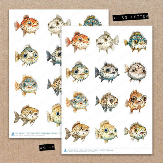 A4 and US Letter format comparison showing Watercolour Puffer Fish fussy cut pages for print and cut crafting