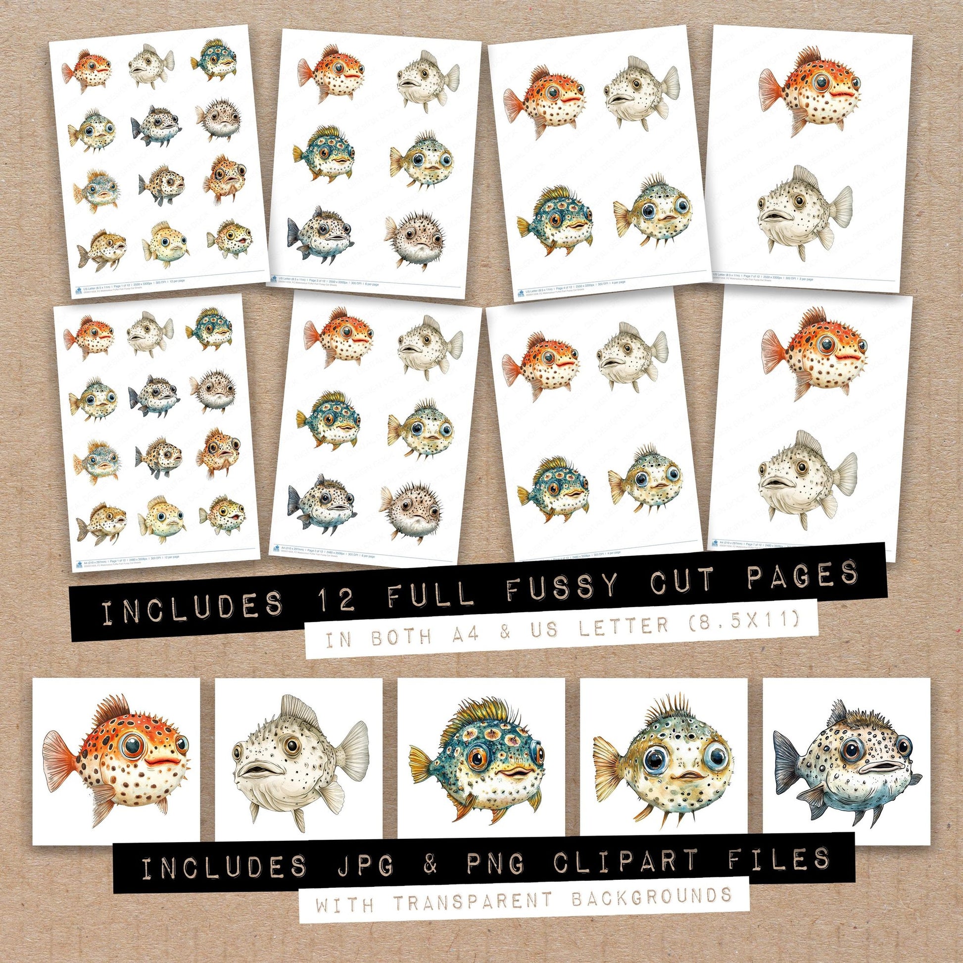 Full collection view of Watercolour Puffer Fish fussy cut sheets with bonus clipart JPG and PNG files