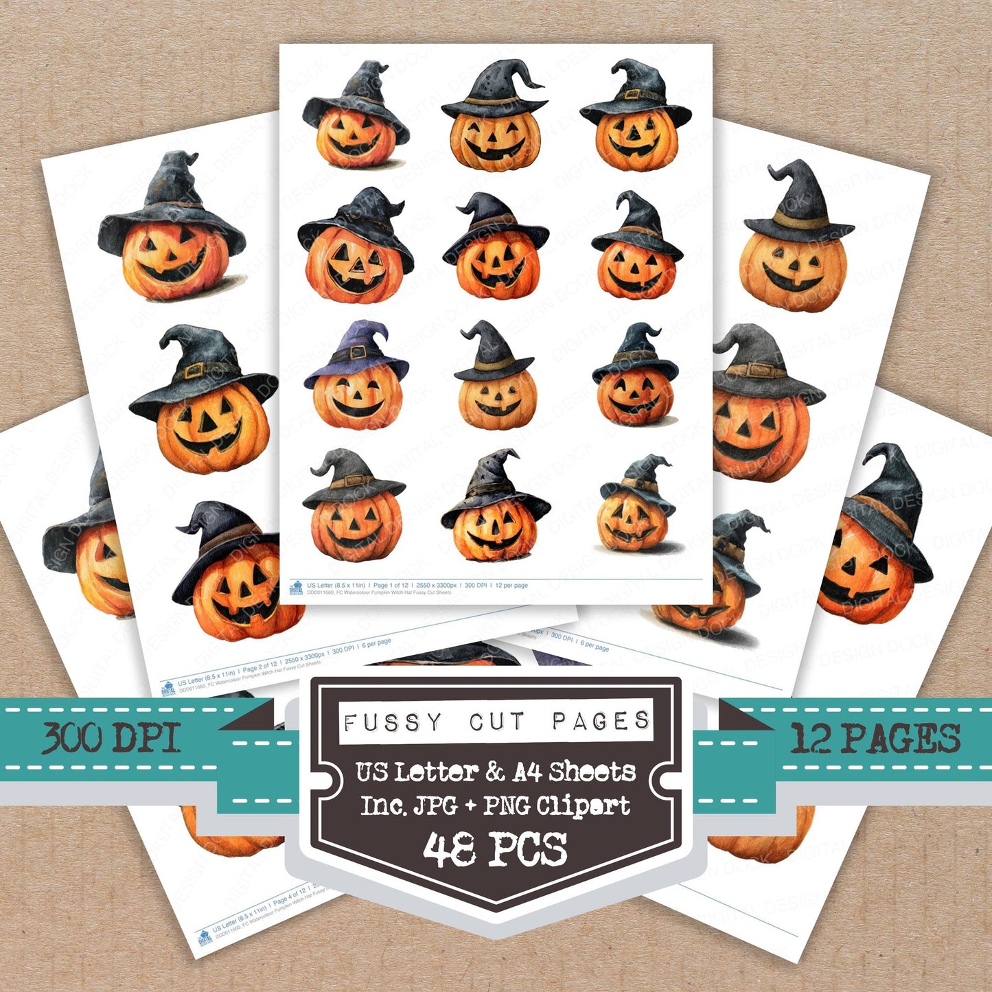 Watercolour Pumpkin Witch Hat fussy cut printable sheets for junk journaling, scrapbooking, and paper craft projects