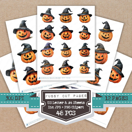 Watercolour Pumpkin Witch Hat fussy cut printable sheets for junk journaling, scrapbooking, and paper craft projects