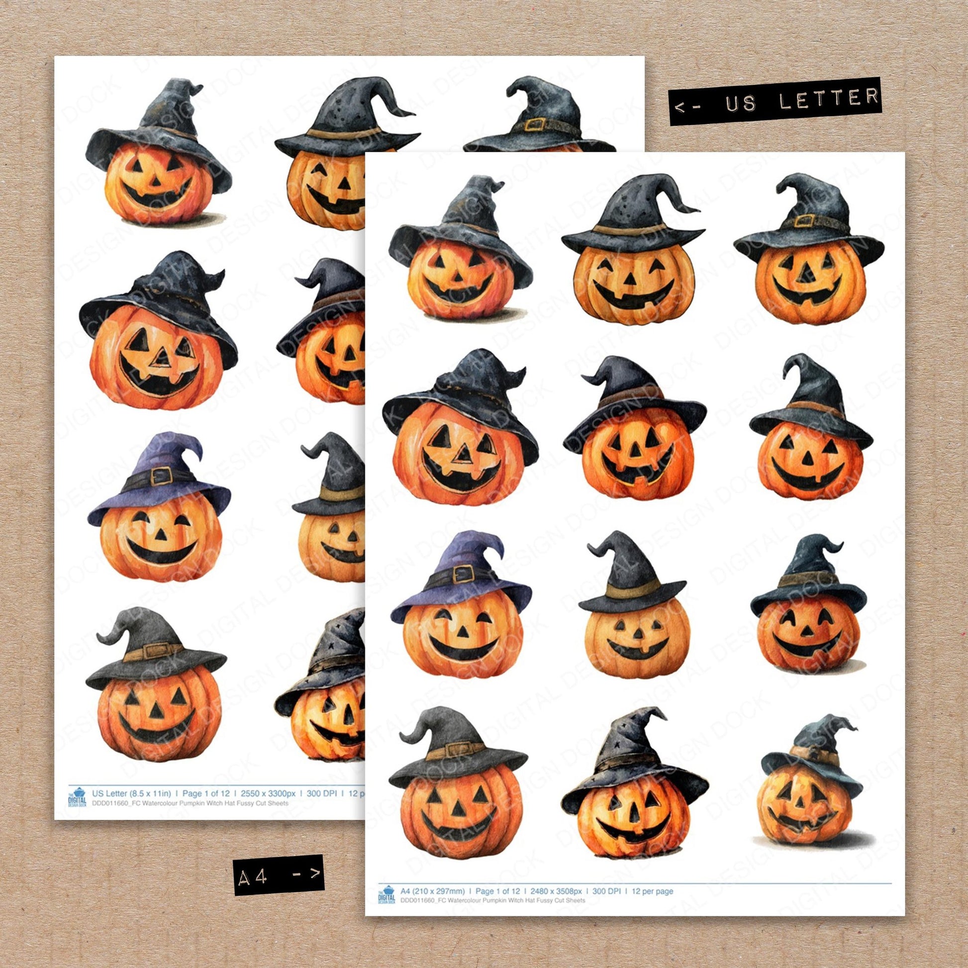 A4 and US Letter format comparison showing Watercolour Pumpkin Witch Hat fussy cut pages for print and cut crafting