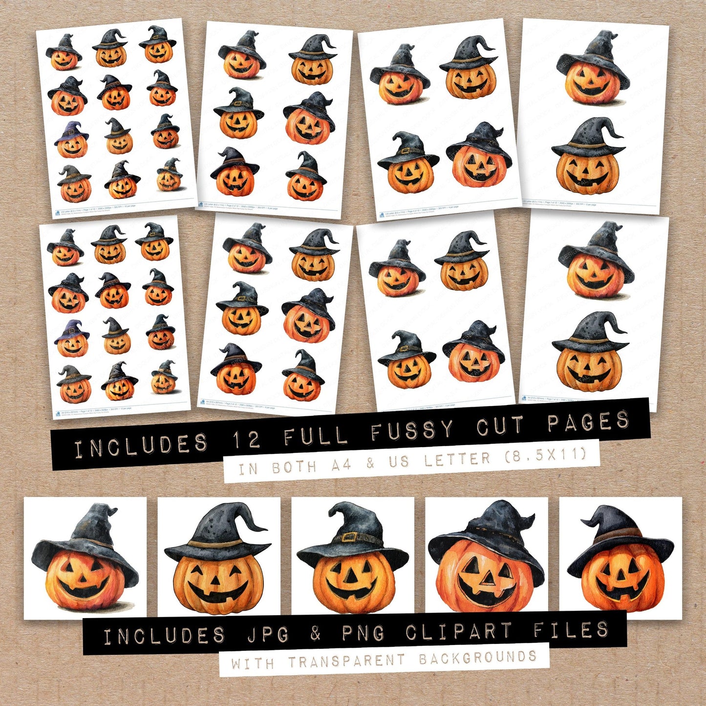 Full collection view of Watercolour Pumpkin Witch Hat fussy cut sheets with bonus clipart JPG and PNG files