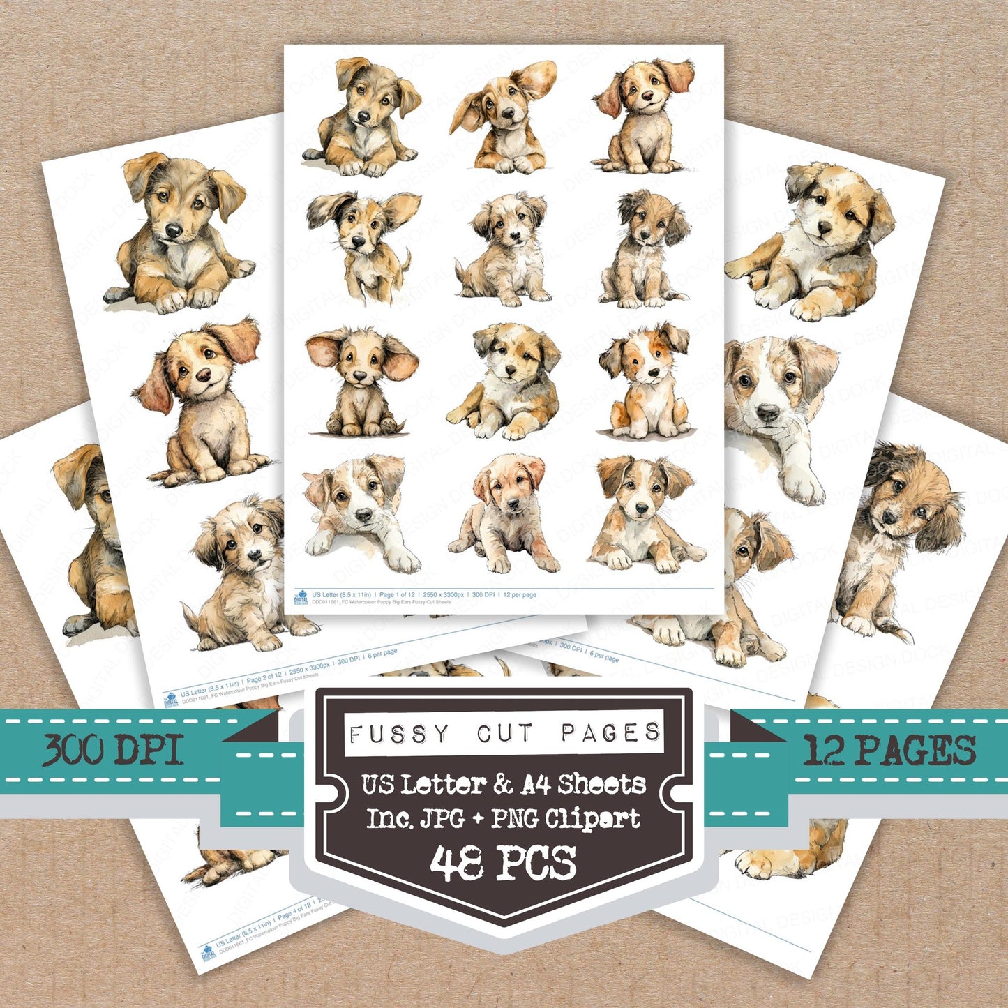 Watercolour Puppy Big Ears fussy cut printable sheets for junk journaling, scrapbooking, and paper craft projects