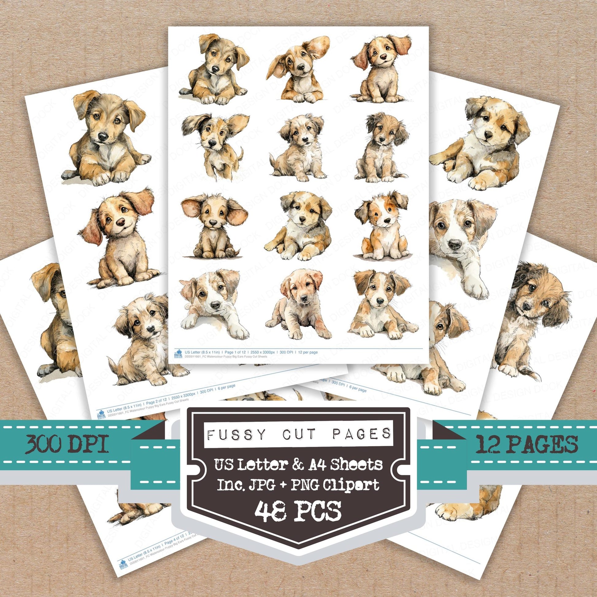 Watercolour Puppy Big Ears fussy cut printable sheets for junk journaling, scrapbooking, and paper craft projects