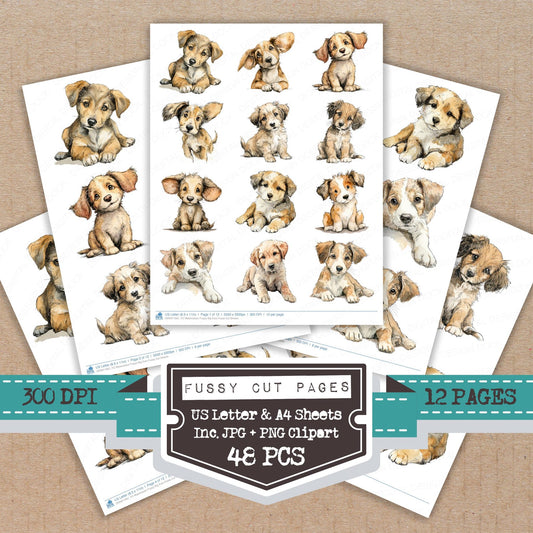 Watercolour Puppy Big Ears fussy cut printable sheets for junk journaling, scrapbooking, and paper craft projects
