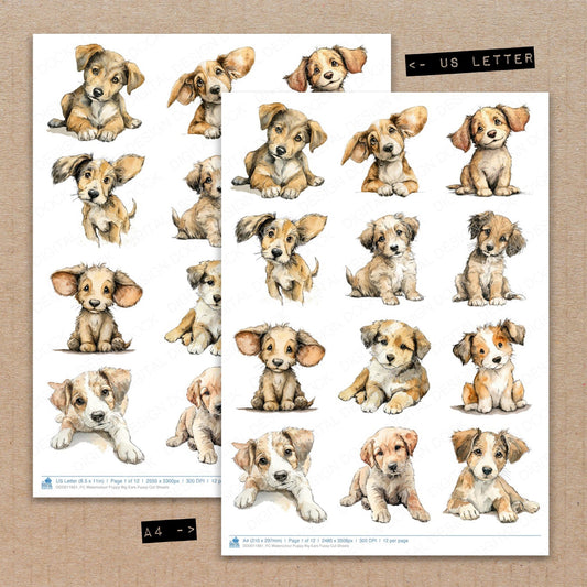 A4 and US Letter format comparison showing Watercolour Puppy Big Ears fussy cut pages for print and cut crafting