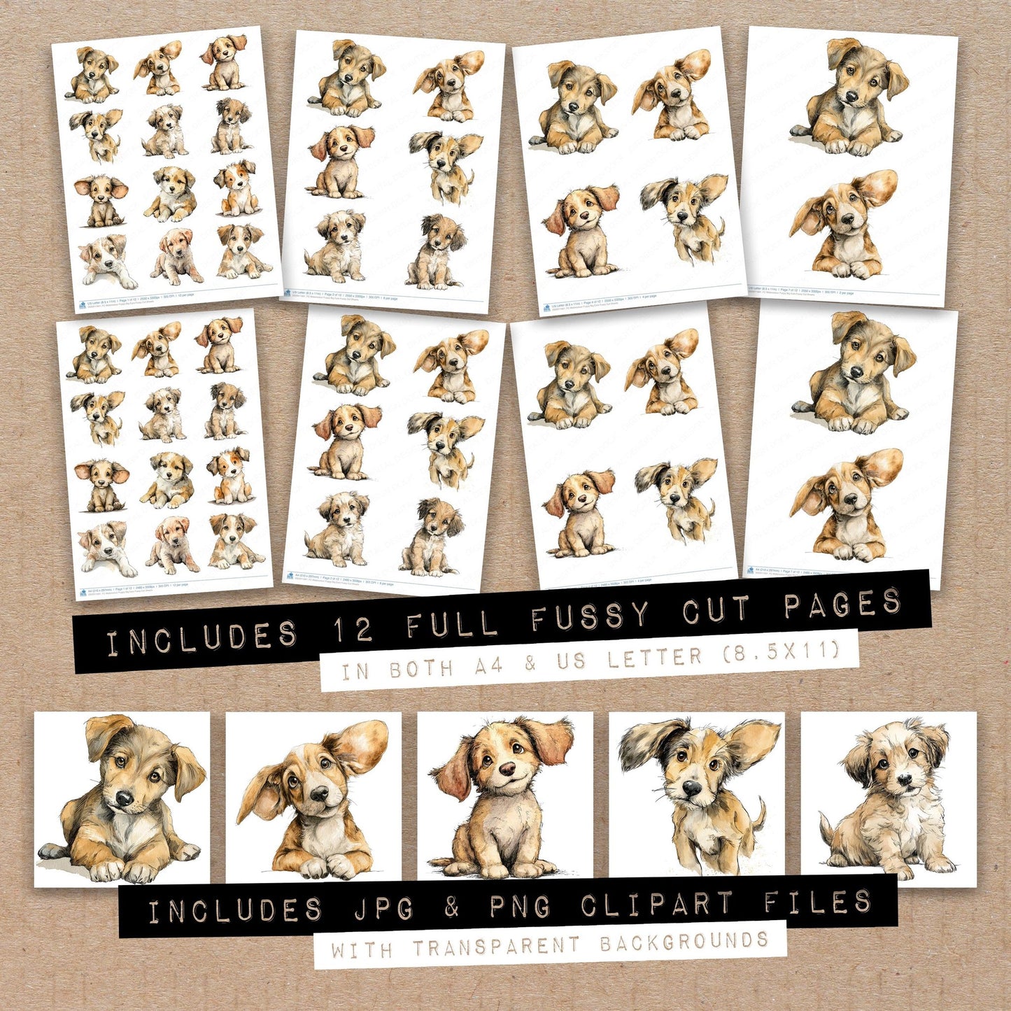 Full collection view of Watercolour Puppy Big Ears fussy cut sheets with bonus clipart JPG and PNG files