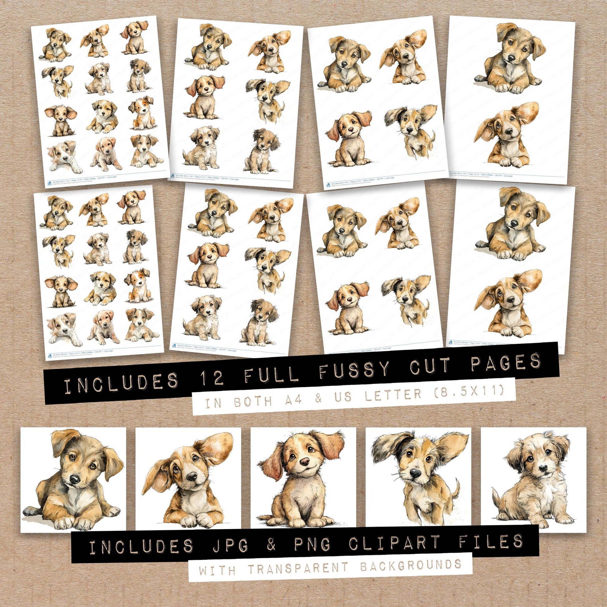 Full collection view of Watercolour Puppy Big Ears fussy cut sheets with bonus clipart JPG and PNG files