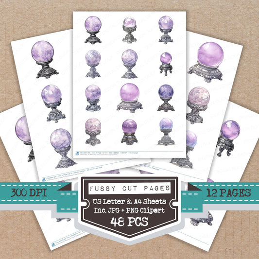 Watercolour Purple Crystal Ball fussy cut printable sheets for junk journaling, scrapbooking, and paper craft projects