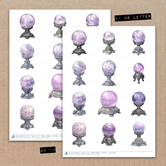 A4 and US Letter format comparison showing Watercolour Purple Crystal Ball fussy cut pages for print and cut crafting