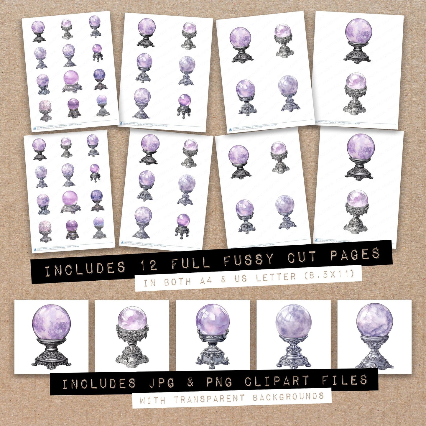 Full collection view of Watercolour Purple Crystal Ball fussy cut sheets with bonus clipart JPG and PNG files