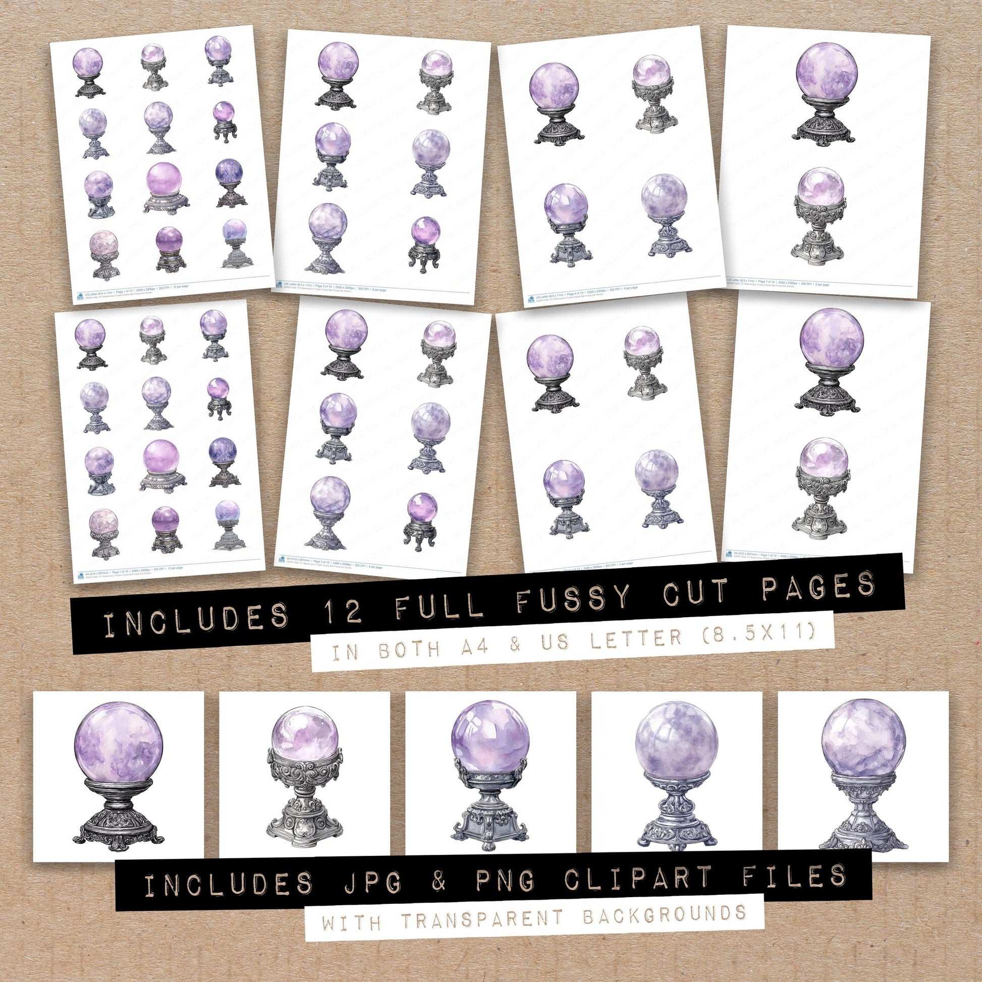 Full collection view of Watercolour Purple Crystal Ball fussy cut sheets with bonus clipart JPG and PNG files