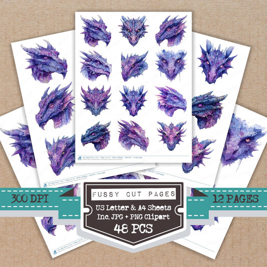 Watercolour Purple Dragon Head fussy cut printable sheets for junk journaling, scrapbooking, and paper craft projects