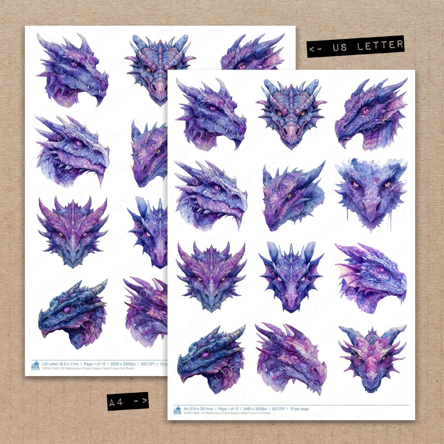 A4 and US Letter format comparison showing Watercolour Purple Dragon Head fussy cut pages for print and cut crafting