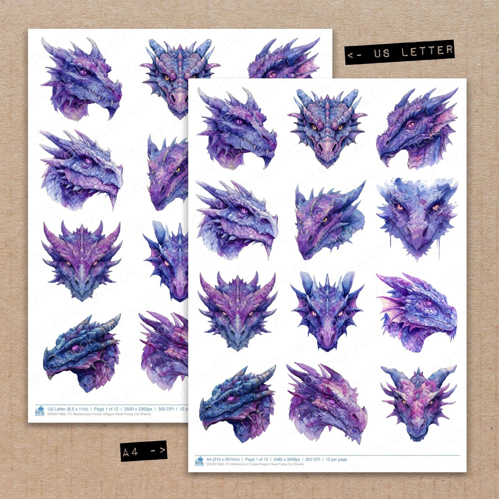 A4 and US Letter format comparison showing Watercolour Purple Dragon Head fussy cut pages for print and cut crafting