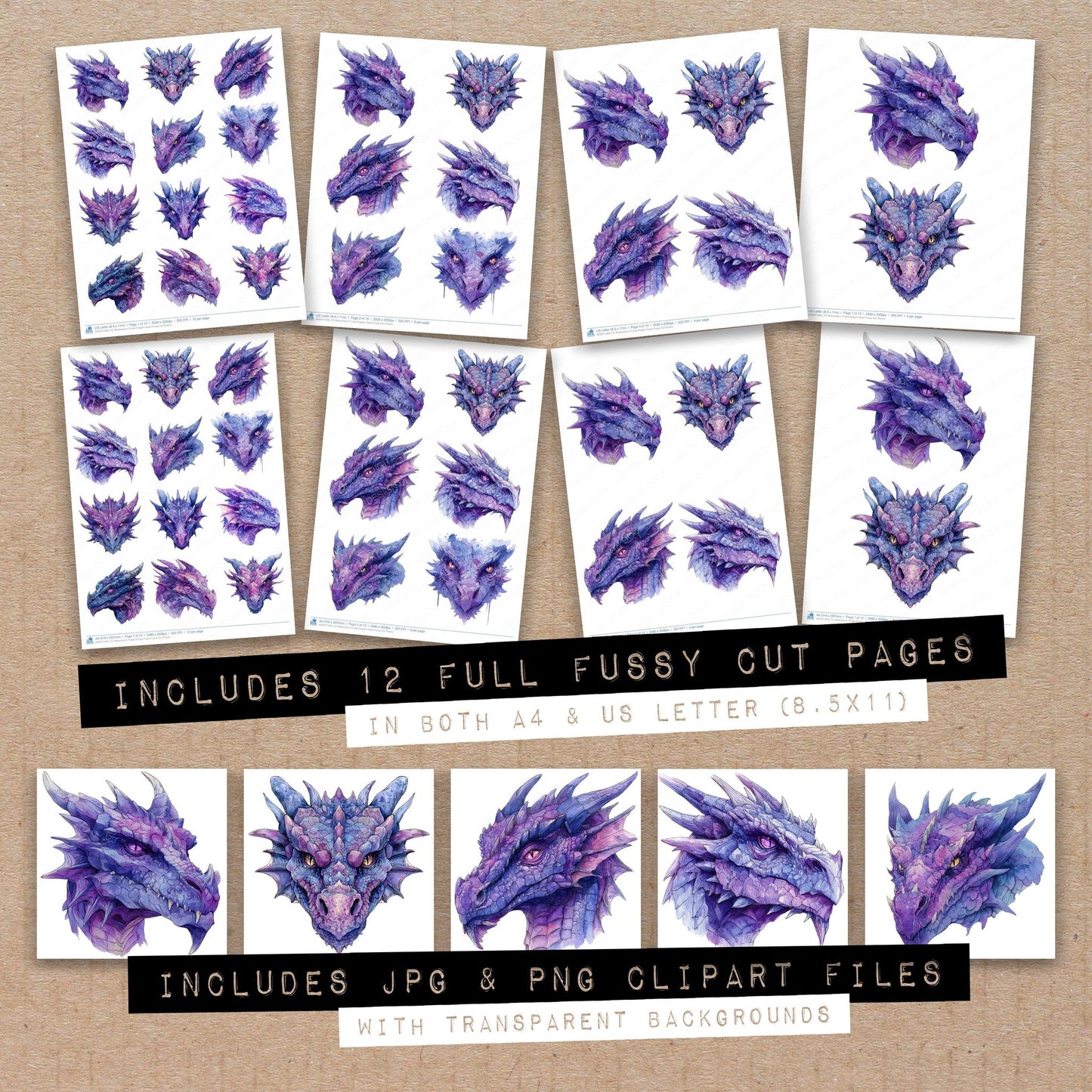 Full collection view of Watercolour Purple Dragon Head fussy cut sheets with bonus clipart JPG and PNG files