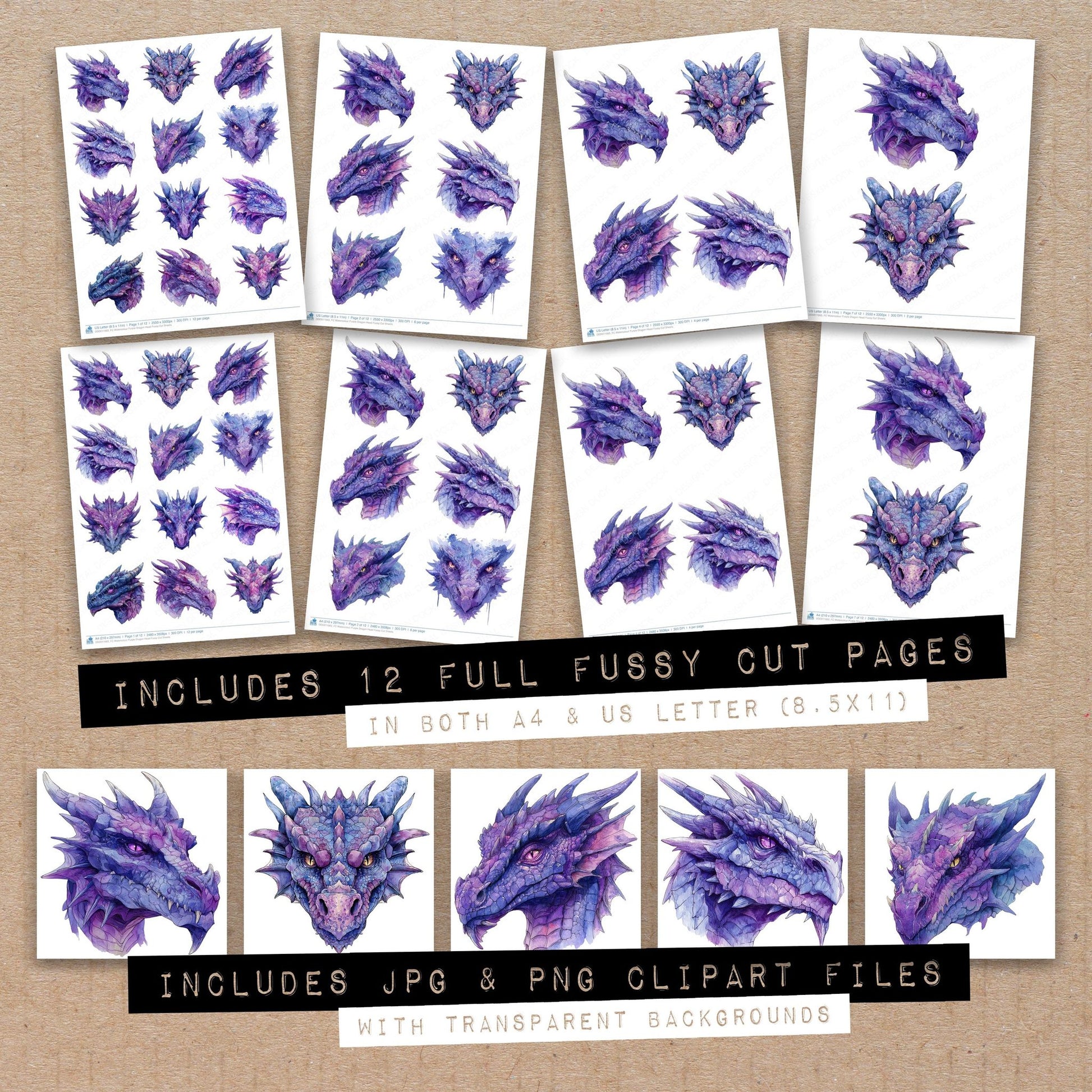 Full collection view of Watercolour Purple Dragon Head fussy cut sheets with bonus clipart JPG and PNG files