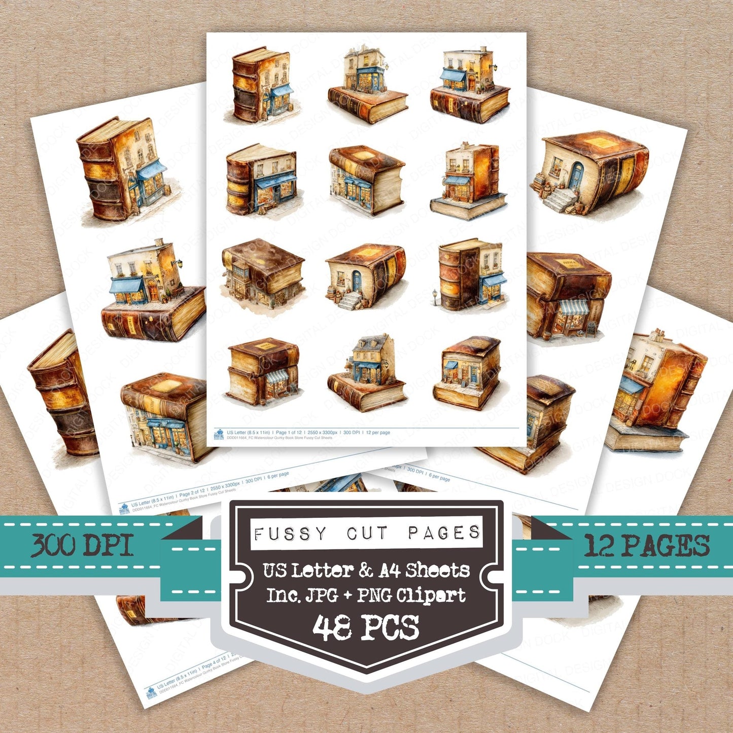 Watercolour Quirky Book Store Fussy Cut Sheets (DDD011664)