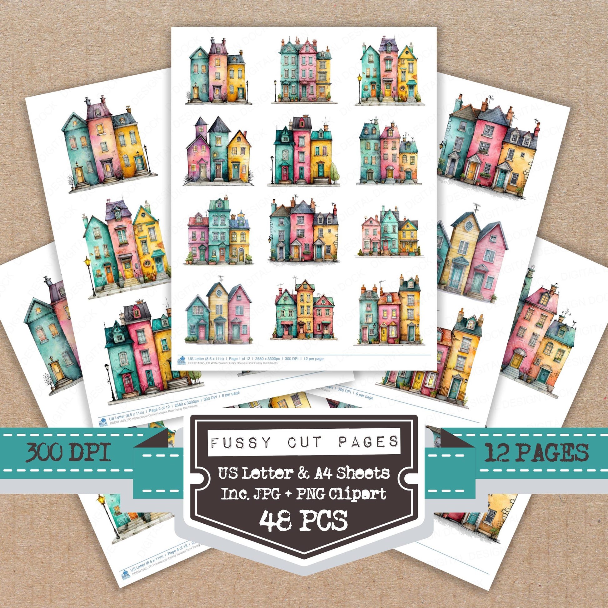 Watercolour Quirky Houses Row fussy cut printable sheets for junk journaling, scrapbooking, and paper craft projects