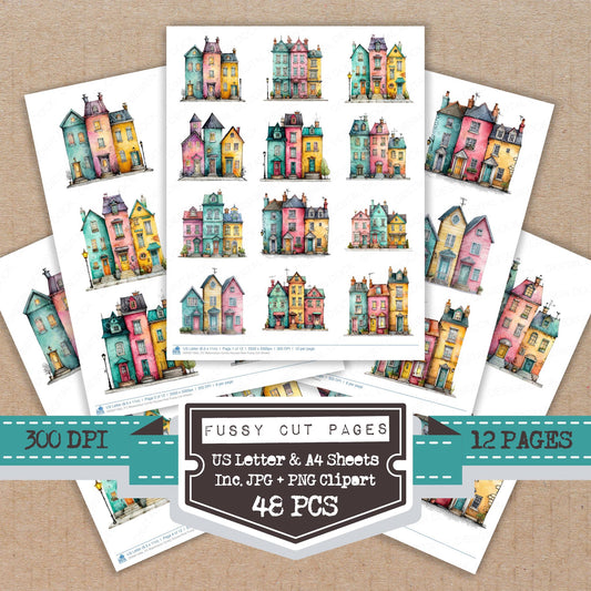 Watercolour Quirky Houses Row fussy cut printable sheets for junk journaling, scrapbooking, and paper craft projects