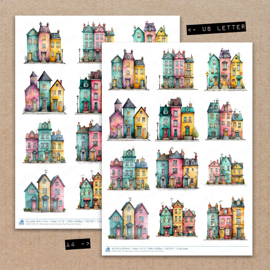 A4 and US Letter format comparison showing Watercolour Quirky Houses Row fussy cut pages for print and cut crafting