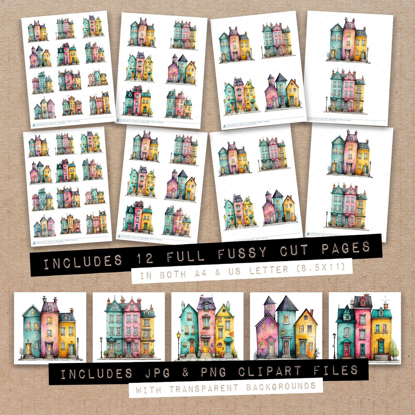 Full collection view of Watercolour Quirky Houses Row fussy cut sheets with bonus clipart JPG and PNG files