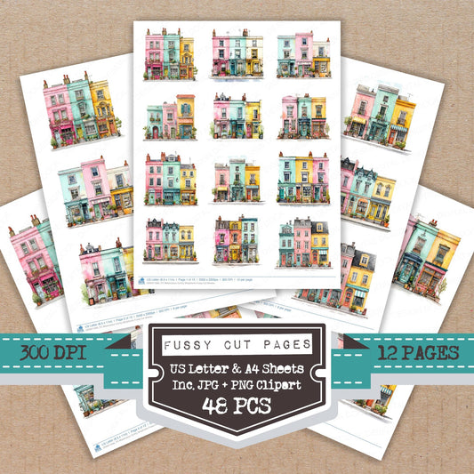 Watercolour Quirky Shopfronts fussy cut printable sheets for junk journaling, scrapbooking, and paper craft projects