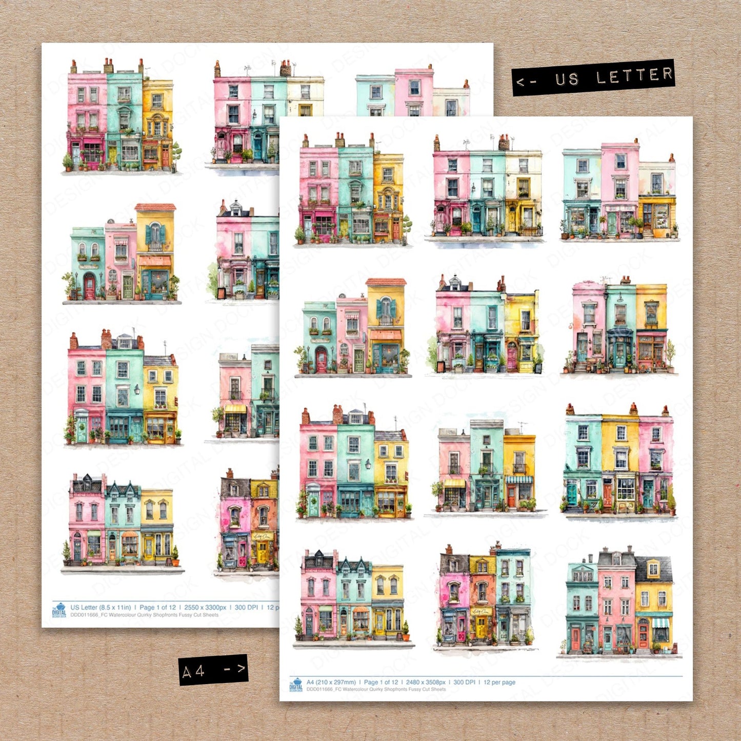 A4 and US Letter format comparison showing Watercolour Quirky Shopfronts fussy cut pages for print and cut crafting