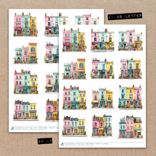 A4 and US Letter format comparison showing Watercolour Quirky Shopfronts fussy cut pages for print and cut crafting