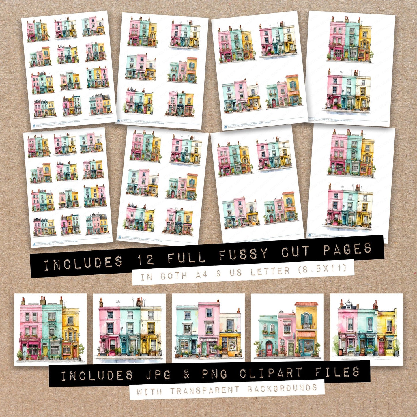Full collection view of Watercolour Quirky Shopfronts fussy cut sheets with bonus clipart JPG and PNG files