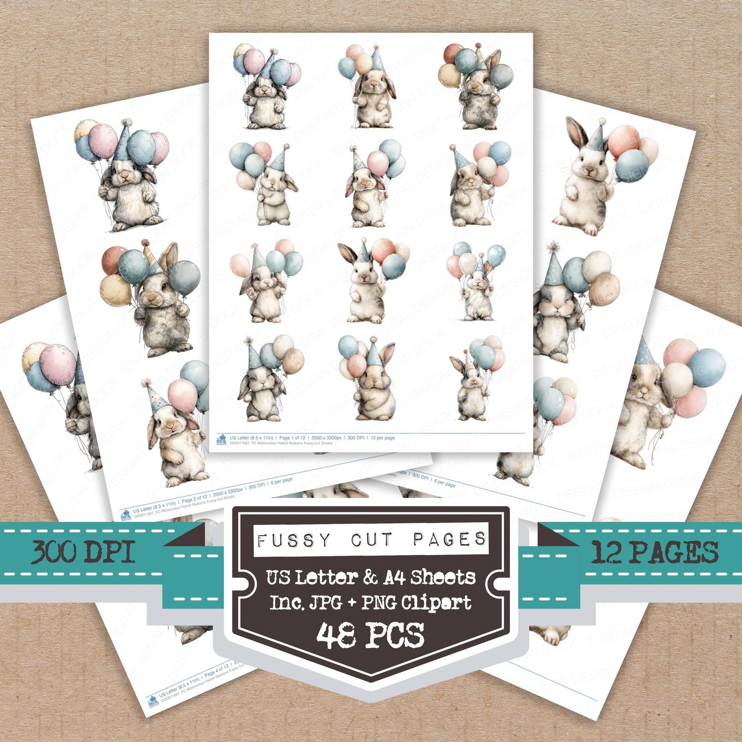 Watercolour Rabbit Balloons fussy cut printable sheets for junk journaling, scrapbooking, and paper craft projects