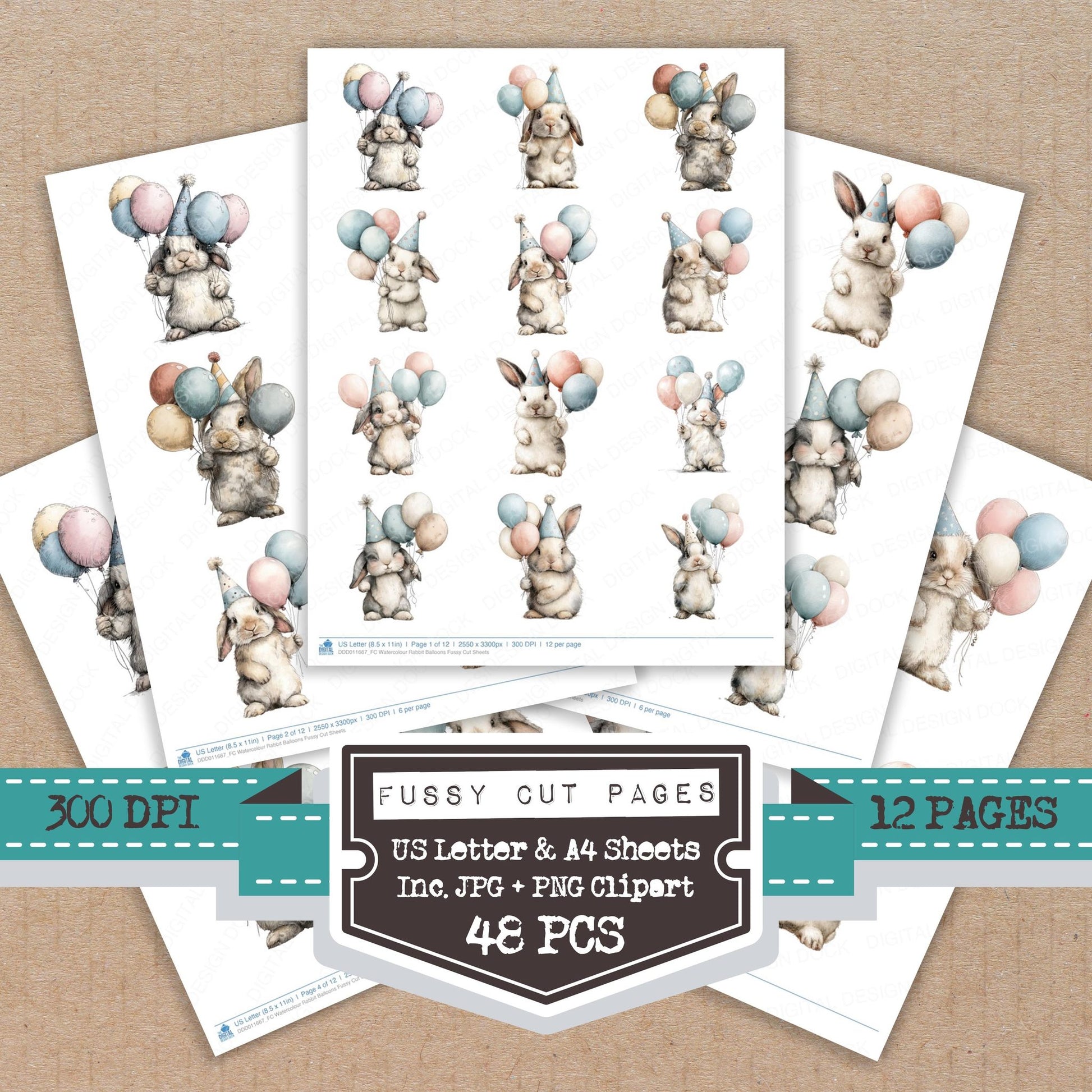 Watercolour Rabbit Balloons fussy cut printable sheets for junk journaling, scrapbooking, and paper craft projects