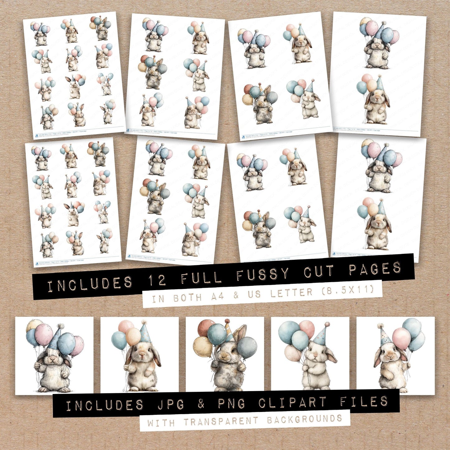 Full collection view of Watercolour Rabbit Balloons fussy cut sheets with bonus clipart JPG and PNG files