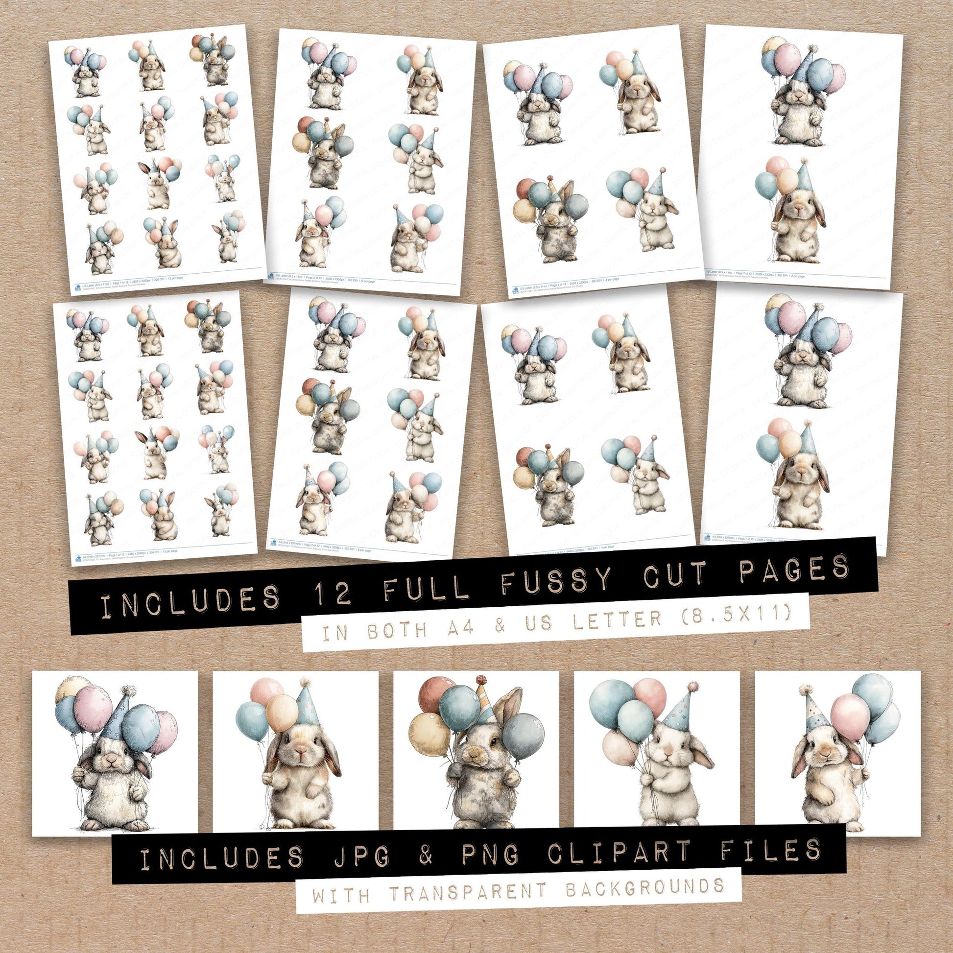 Full collection view of Watercolour Rabbit Balloons fussy cut sheets with bonus clipart JPG and PNG files