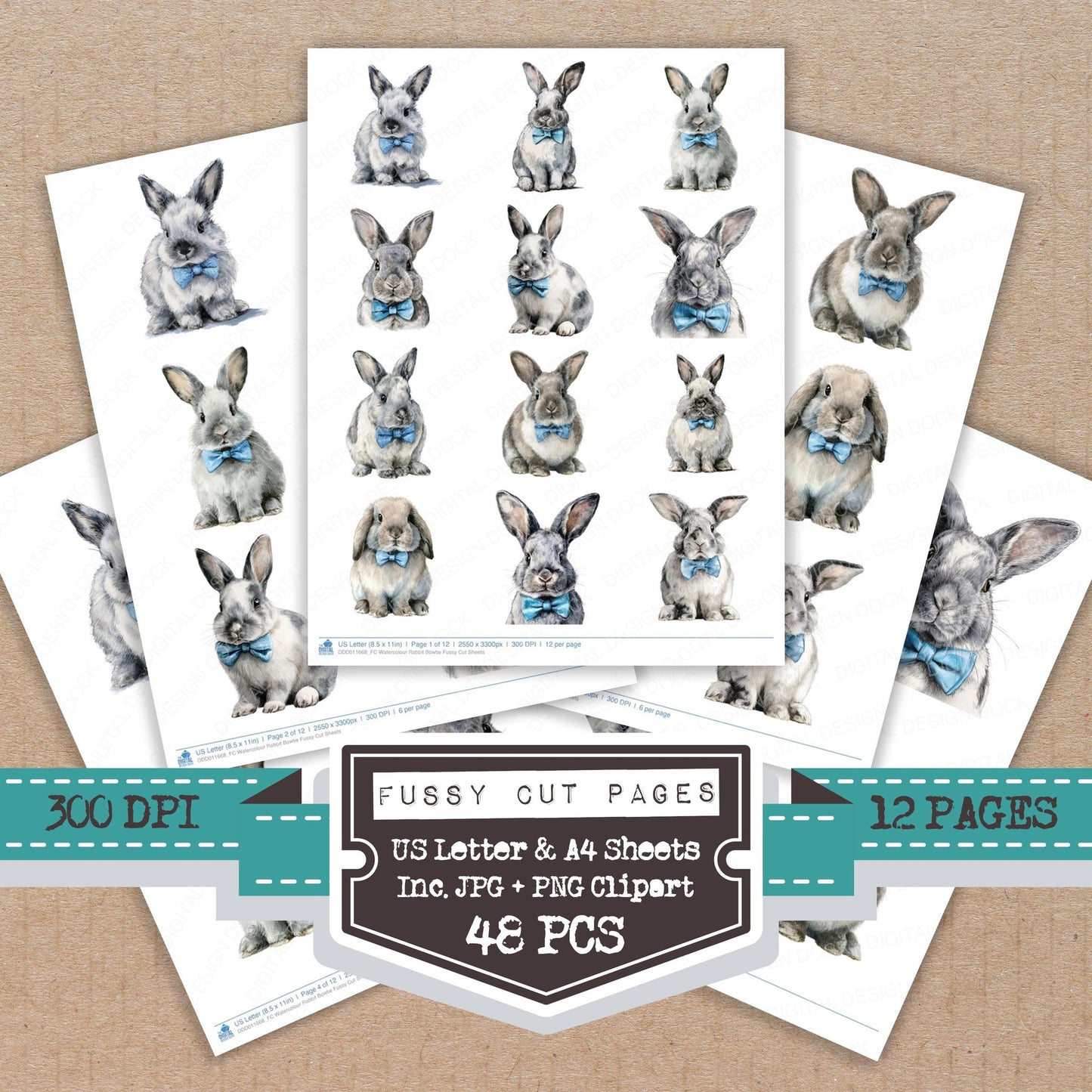Watercolour Rabbit Bowtie fussy cut printable sheets for junk journaling, scrapbooking, and paper craft projects