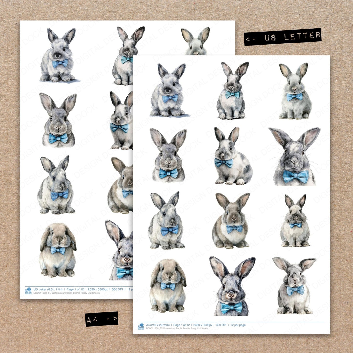 A4 and US Letter format comparison showing Watercolour Rabbit Bowtie fussy cut pages for print and cut crafting