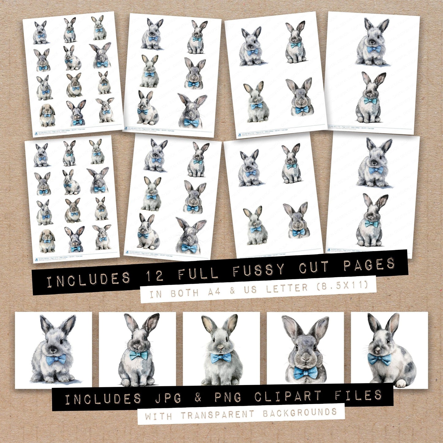 Full collection view of Watercolour Rabbit Bowtie fussy cut sheets with bonus clipart JPG and PNG files