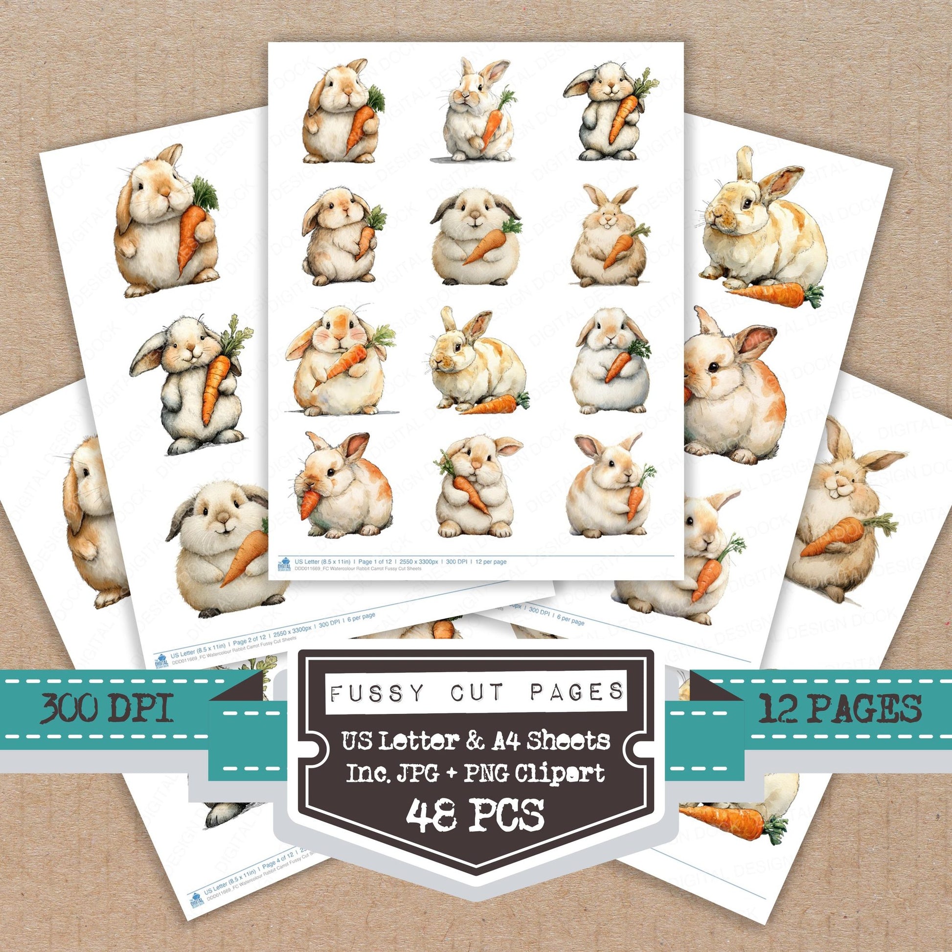 Watercolour Rabbit Carrot fussy cut printable sheets for junk journaling, scrapbooking, and paper craft projects