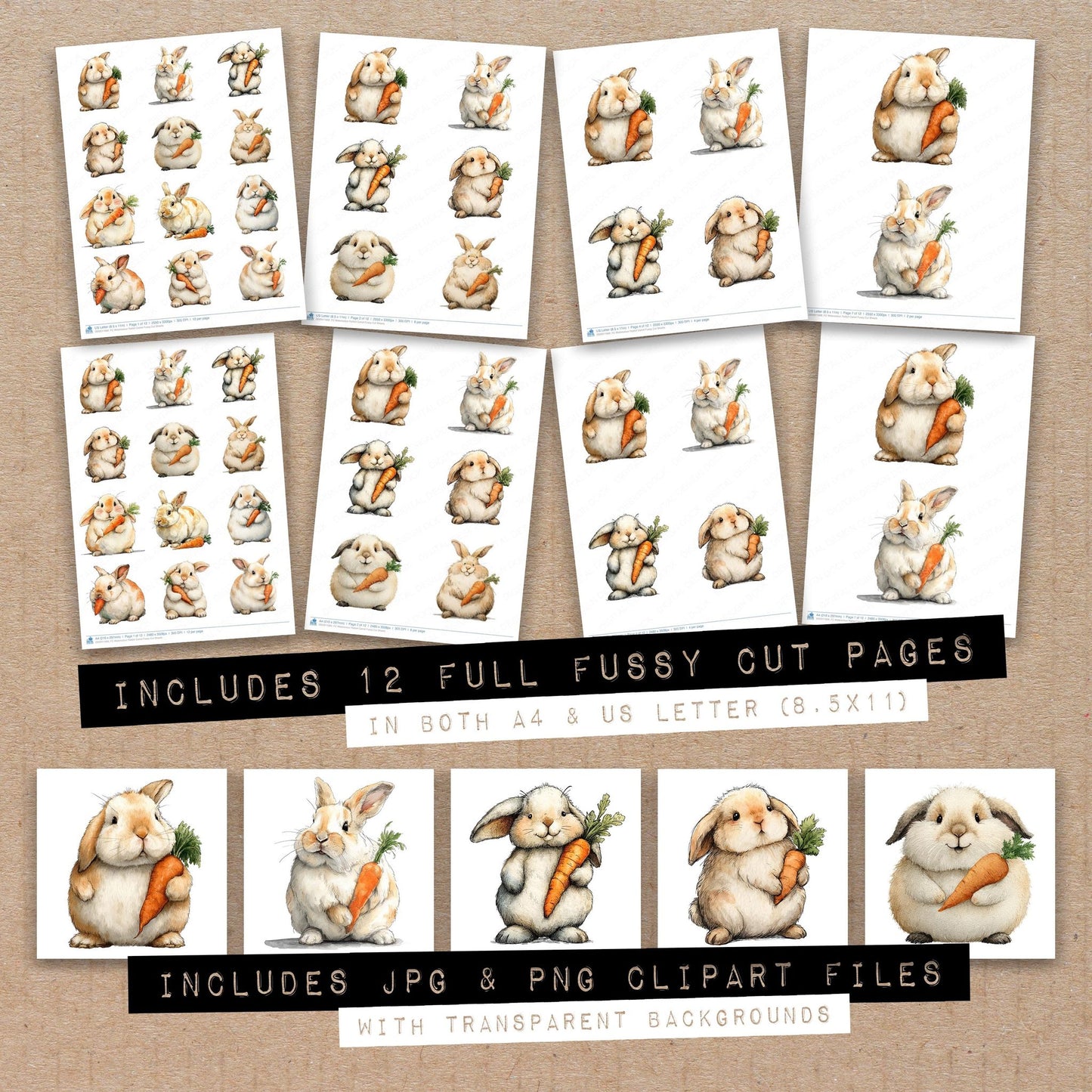 Full collection view of Watercolour Rabbit Carrot fussy cut sheets with bonus clipart JPG and PNG files
