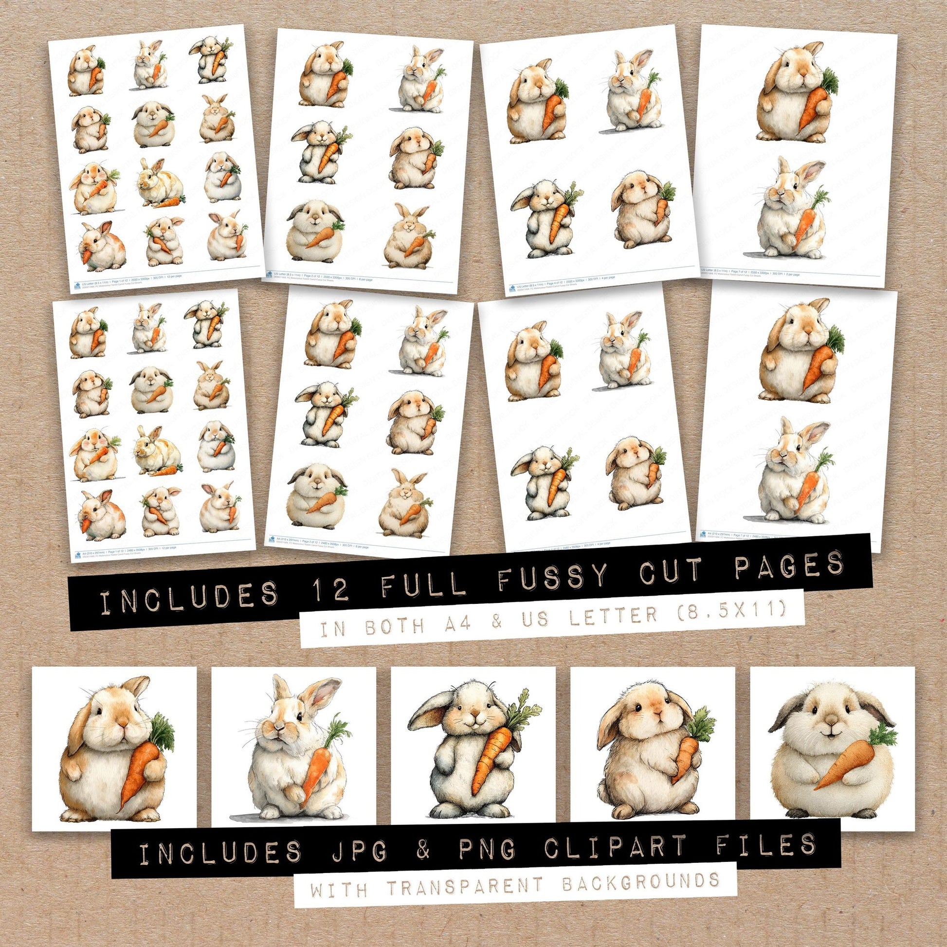 Full collection view of Watercolour Rabbit Carrot fussy cut sheets with bonus clipart JPG and PNG files