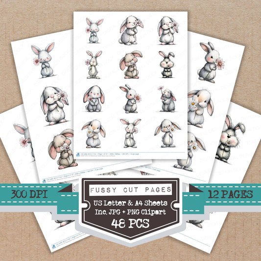 Watercolour Rabbit Daisy fussy cut printable sheets for junk journaling, scrapbooking, and paper craft projects
