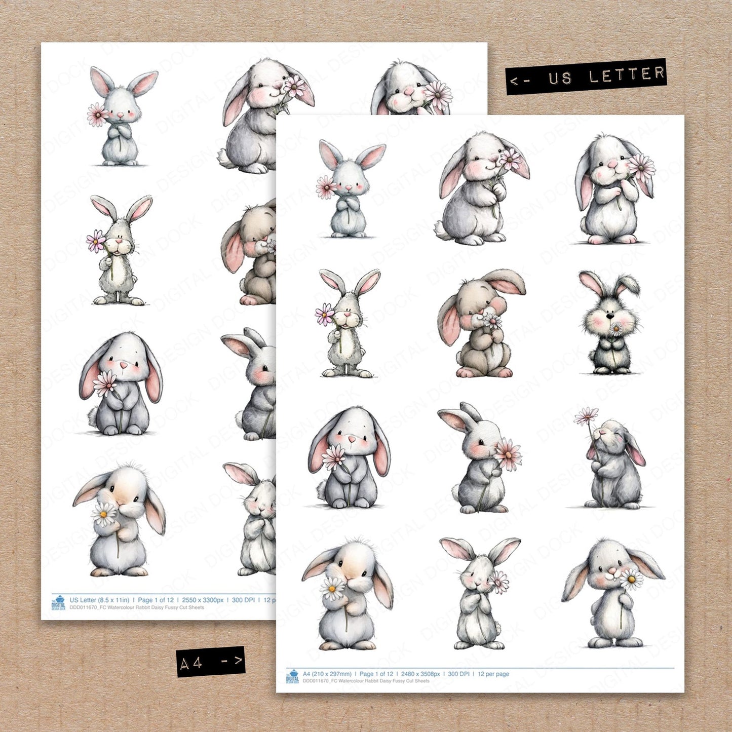 A4 and US Letter format comparison showing Watercolour Rabbit Daisy fussy cut pages for print and cut crafting