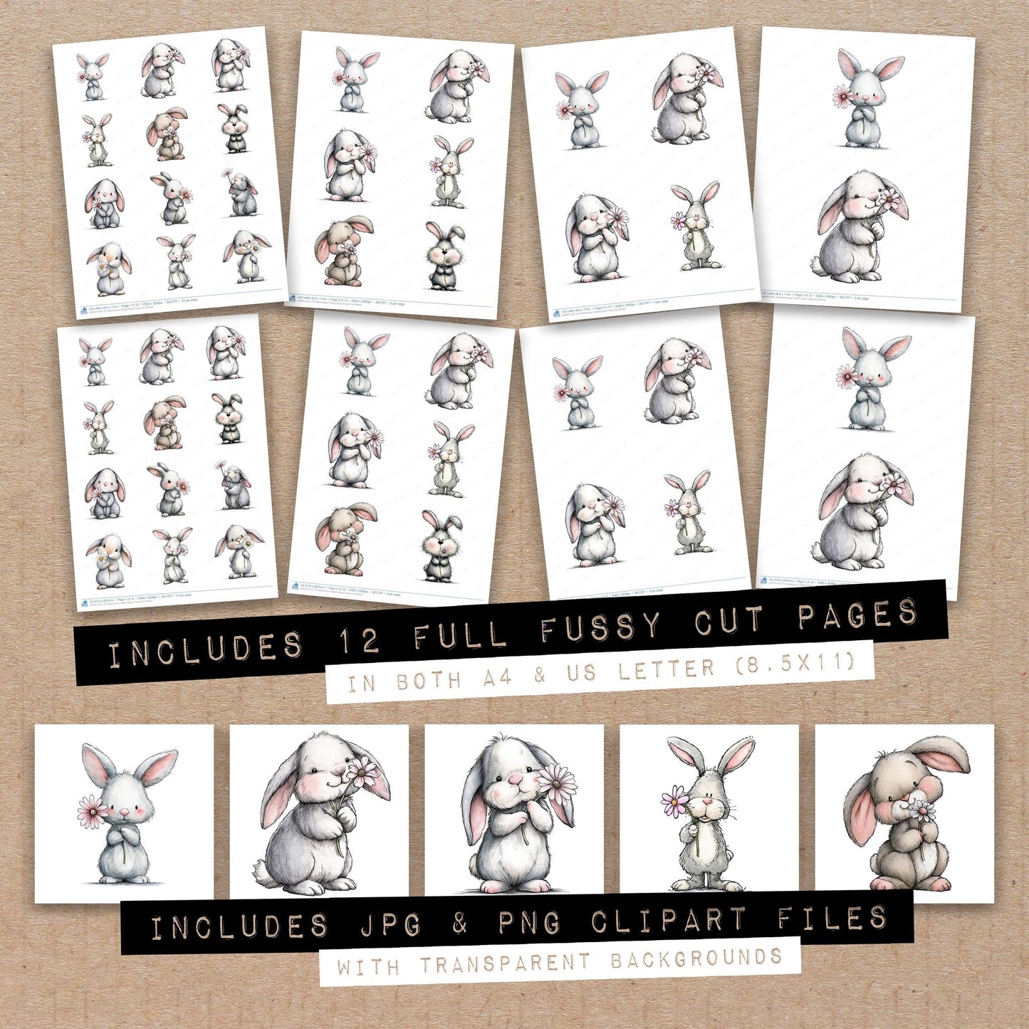 Full collection view of Watercolour Rabbit Daisy fussy cut sheets with bonus clipart JPG and PNG files