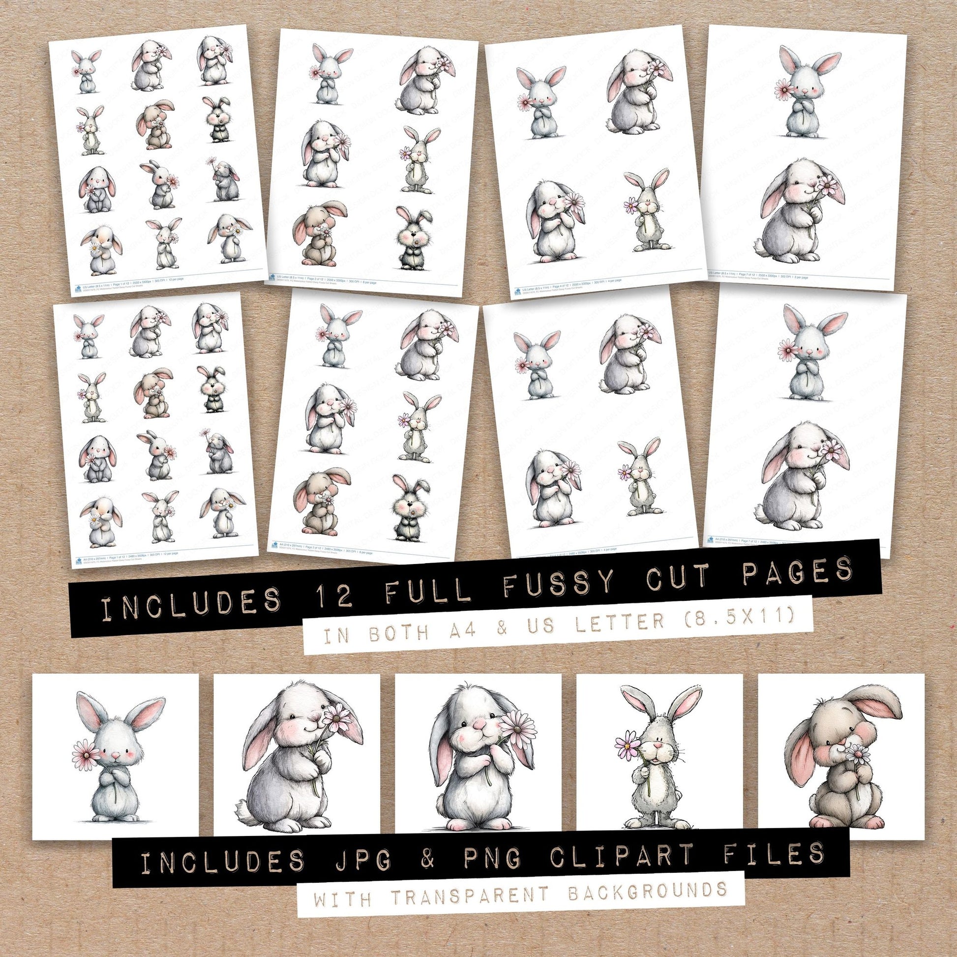 Full collection view of Watercolour Rabbit Daisy fussy cut sheets with bonus clipart JPG and PNG files